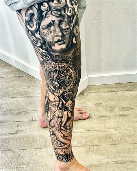 greek mythology leg sleeve tattoo.